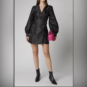 GANNI Black Satin Jacquard Mini Wrap Dress – Size M